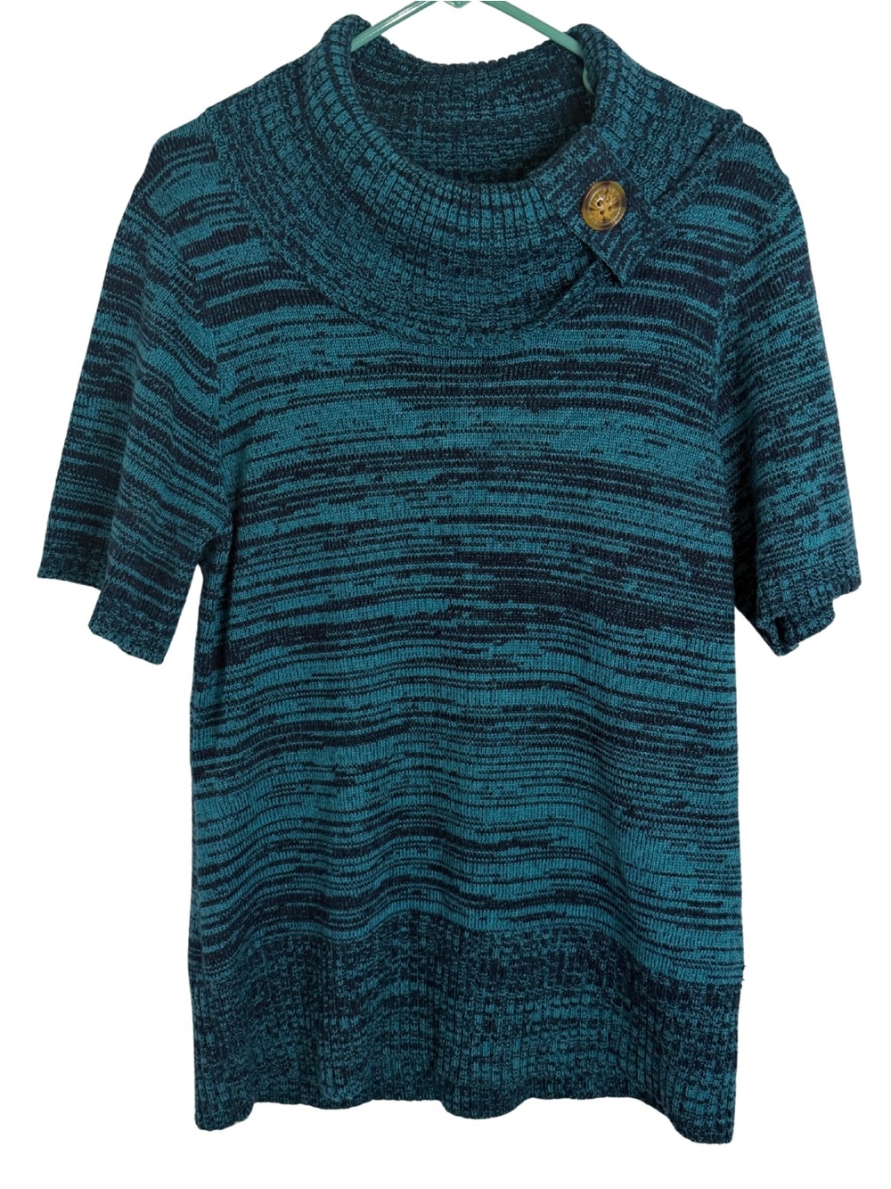 Design 365 Striped Teal Cowl Neck Short Sleeve Sweater Size Medium
